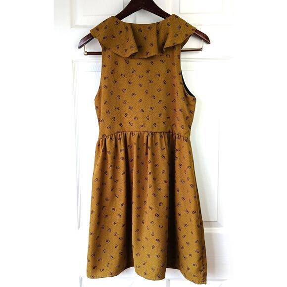 UO Kimchi Blue Mustard Lace up Dress 4 floral ruffles olive corset style front - Picture 2 of 13